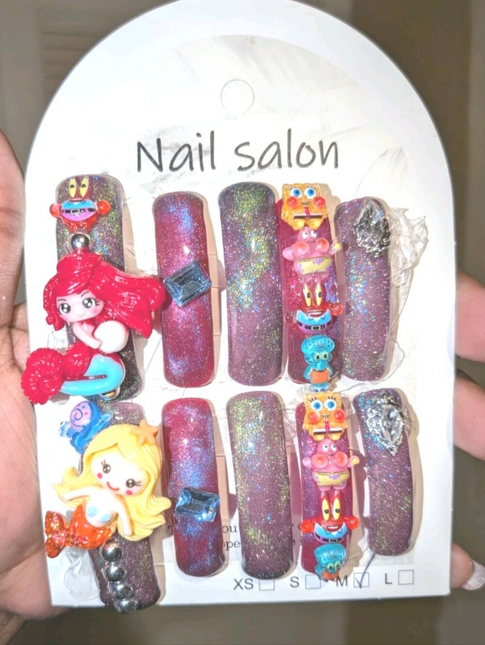 Hand Crafted Curved 2Xl Holographic Pink & Purple Under The Sea Press-On Nails